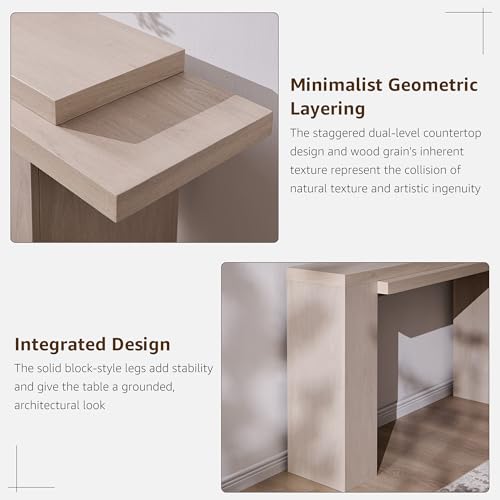 OKD 63" Modern Geometric Console Table with Layered Top, White Alder | Extended Layered Top, Sturdy Support Legs, Entryway, Hallway, Foyer, Living room, Behind Sofa - color: White Alder