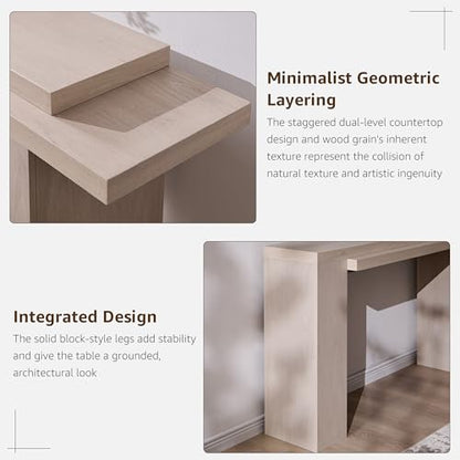 OKD 63" Modern Geometric Console Table with Layered Top, White Alder | Extended Layered Top, Sturdy Support Legs, Entryway, Hallway, Foyer, Living room, Behind Sofa - color: White Alder