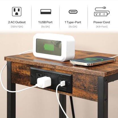 HOOBRO Tall End Tables with Charging Station, Set of 2, 30 Inch Tall Nightstands, 3-Tier Side Tables with Adjustable Storage Shelves, for Living Room, Bedroom, Hallway, Rustic Brown BF09UDHP201G1 - color: Rustic Brown + Black
