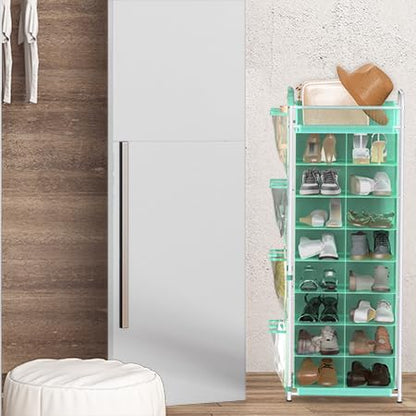 Simple Houseware 16 Cube Shoe Stand Tower Rack 8 Tier, Turquoise | Top Shelf and Side Hanging Pockets - color: Turquoise