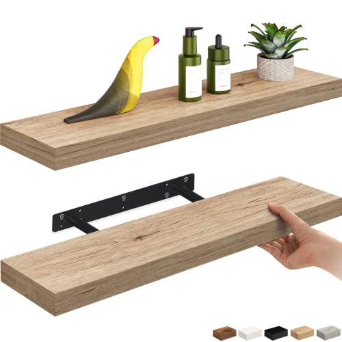 Ballucci Floating Shelves, 24" Wood Wall Shelf Set of 2, with Invisible Brackets for Bathroom, Living Room, Bedroom, Kitchen, Nursery, 6" Deep, Natural Oak - color: Natural Oak, size: 23.6 inches