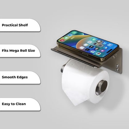 Homely Trove Toilet Paper Holder with Shelf - Self Adhesive Tissue Towel Dispenser or Wall Mounted Toilet Paper Roll Holder - Rustproof Bathroom Phone Holder Tissue Holder Brushed Nickel - color: Silver