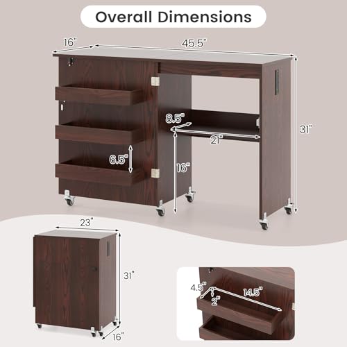 DREAMADE Folding Sewing Table with Storage, Craft Table w/Charging Station, 5 Lockable Wheels, Storage Bins & Shelf, Sewing Machine Desk for Home Office, Apartment, Studio (Brown) - color: Brown