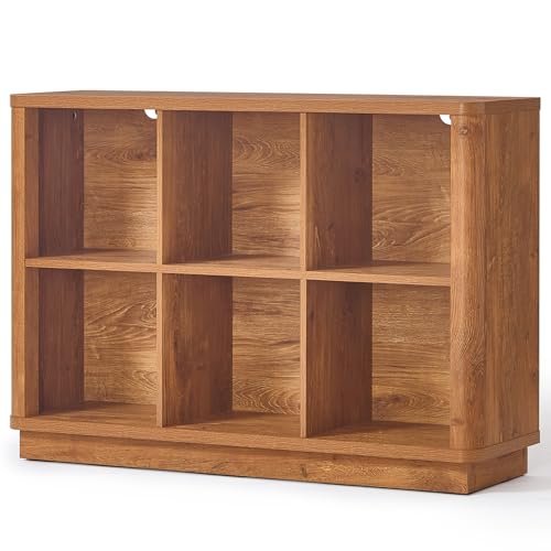 Joaxswe 6 Cube Storage Book Shelf, 40" Wide Low Horizontal Bookcase with Curved Edge, Floor Standing 2-Tier Wooden Bookshelf with Base, Modern Short Book Case for Bedroom, Study, Entryway, Brown - color: Brown, size: 6 Cube (11.81"D x 40.5"W x 28.6"H)