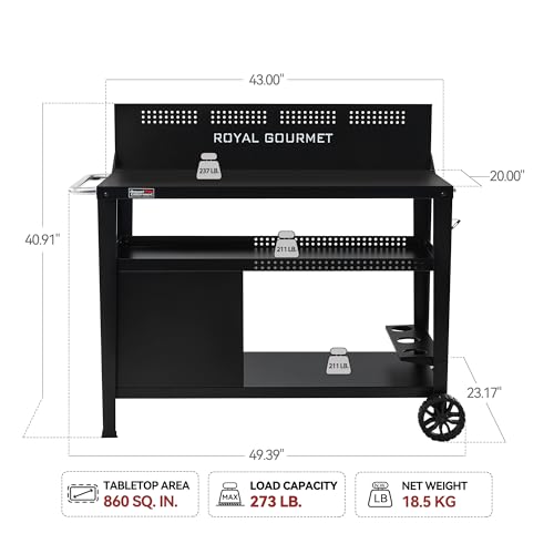 Royal Gourmet PC4401B 3-Tier Dining Cart with Wind Guard, Sturdy Structure and Ample Storage Shelves, for Indoor & Outdoor use，with Bottle Opener, Hooks, Wine Rack, Multifunctional Side Handle, Black | with Bottle Opener, Hooks, Wine Rack, Multifunctional