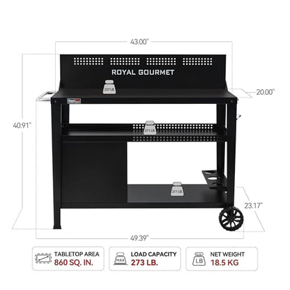 Royal Gourmet PC4401B 3-Tier Dining Cart with Wind Guard, Sturdy Structure and Ample Storage Shelves, for Indoor & Outdoor use，with Bottle Opener, Hooks, Wine Rack, Multifunctional Side Handle, Black | with Bottle Opener, Hooks, Wine Rack, Multifunctional