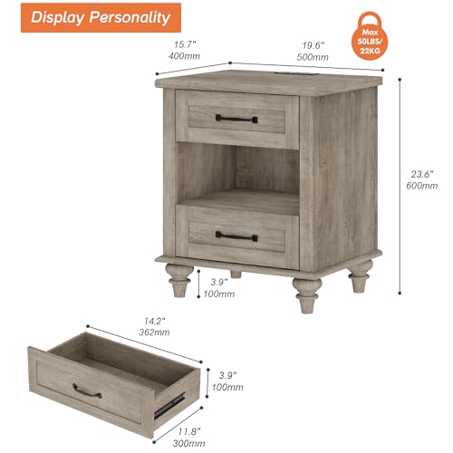 WAMPAT Side Table Nightstand with Charging Station, Farmhouse End Table with Drawer & Shelf for Living Room, Retro Night Stand Light Wood Bedside Table for Bedroom, Grey - color: Grey