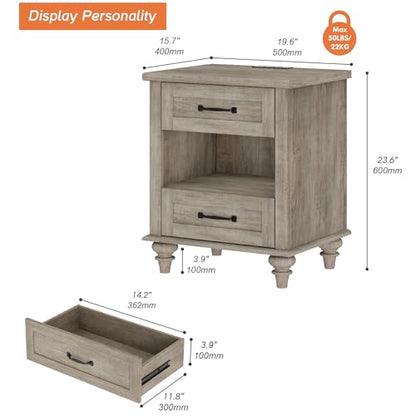 WAMPAT Side Table Nightstand with Charging Station, Farmhouse End Table with Drawer & Shelf for Living Room, Retro Night Stand Light Wood Bedside Table for Bedroom, Grey - color: Grey
