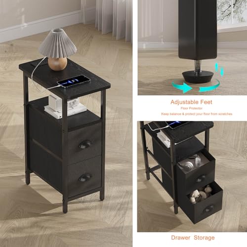 sthmec Narrow End Table with Charging Station, Narrow Side Table with 2 Fabric Drawers, LED End Table, Slim Nightstand with LED Light, Small Side Table for Small Spaces, Living Room, Bedroom, Black - color: Black, size: 7.87'' W x 15.75'' D x 24.37'' H, s
