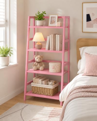 Homykic Bamboo Ladder Bookshelf, 4-Tier Ladder Shelf Open Book Shelf Freestanding Bookcase Bathroom Storage Rack Plant Stand for Living Room, Bedroom, Office, Easy Assembly, Pink - color: Pink