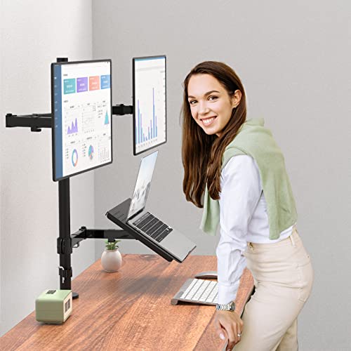WALI Triple Arm Laptop and Dual Monitor Desk Mount for 17" Notebook and Up to 27" Screens, Extra Tall Adjustable Monitor Stand with Laptop Tray, VESA 75x75 100x100, Black (M002XLLP) - size: Triple, style: Adjustable Desk Mount