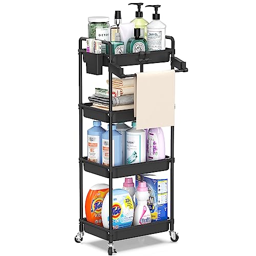 SPACEKEEPER Rolling Storage Cart, 4-Tier Bathroom Organizer Utility Cart Laundry Room Organization Mobile Shelving Unit with Towel Rack, Lockable Wheel, Hooks & Cup for Kitchen Bedroom Office, Black - color: Black, size: 4-Tier