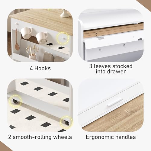 Spaco 2-in-1 Folding Dining Table and Buffet Cabinet Set,Compact Pull-Out Kitchen Table with Wheels,Storage Shelf and Side Hooks,Multifunctional Cupboard for Small Place (White & Oak) - color: White & Oak