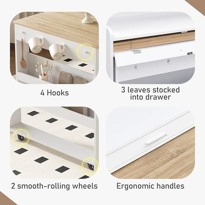 Spaco 2-in-1 Folding Dining Table and Buffet Cabinet Set,Compact Pull-Out Kitchen Table with Wheels,Storage Shelf and Side Hooks,Multifunctional Cupboard for Small Place (White & Oak) - color: White & Oak