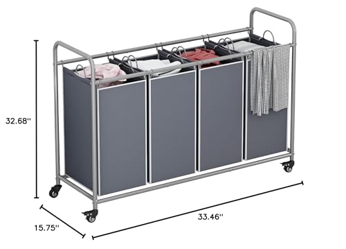 LINZINAR 4 Section Laundry Hamper, Grey Laundry Basket, 180L Laundry Sorter | Laundry Room Organization with Heavy Duty Rolling Lockable Wheels and Removable Bag, Bedroom Laundry Cart for Clothes Storage - size: 4 Bags Grey