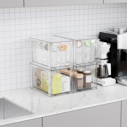 Yieach 4 Pack Large Stackable Storage Drawers,11″Deep Under Cabinet Organizer,Baby Bottle Organizer,Clear Stacking Pull Out Drawer,Acrylic Storage Containers Bins for Organizing Snack,Medicine,Makeup