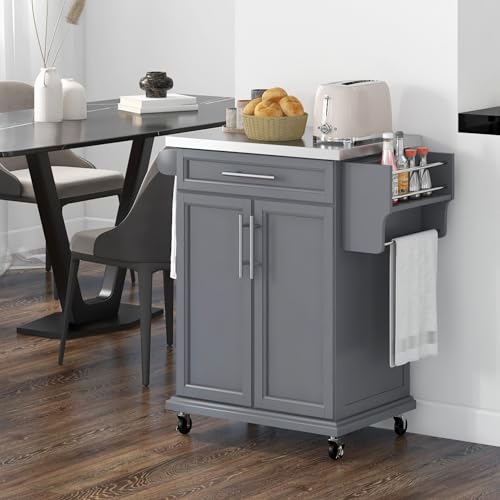 HOMCOM Kitchen Island on Wheels, Rolling Kitchen Cart with Stainless Steel Countertop, Drawer, Towel Rack and Spice Rack, Utility Storage Trolley, Gray - color: Grey