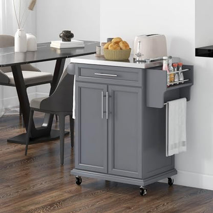 HOMCOM Kitchen Island on Wheels, Rolling Kitchen Cart with Stainless Steel Countertop, Drawer, Towel Rack and Spice Rack, Utility Storage Trolley, Gray - color: Grey