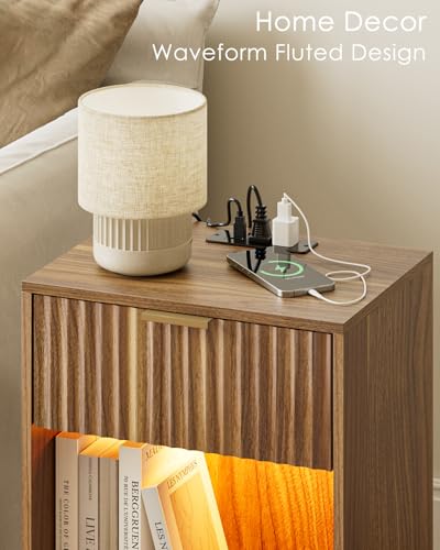Masupu Fluted Nightstand with Charging Station and LED Lights,Modern Night Stand Wood Bedside Table with Storage Drawer Side End Table for Bedroom,Office,Walnut Brown - color: Light-walnut Brown