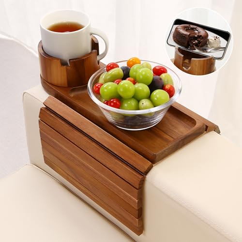 Couch Cup Holder, Acacia Wood Couch Arm Tray with 360° Rotating Cup Holder,Foldable Anti-Slip Sofa Arm Chair Tray for Eating Snack Drink Side Table - color: Acacia Wood