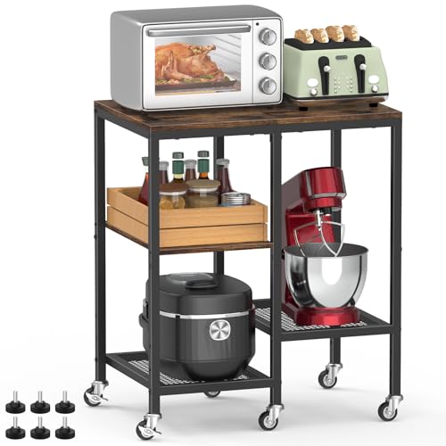 OGEMXU Kitchen Microwave Cart,Microwave Stand with Wheels,Coffee Bar Table Station,4-Tier Rolling Baker's Rack,Small Appliance Storage Shelf,Utility Side Table for Kitchen,Living Room (Rustic Brown) - color: Rustic Brown