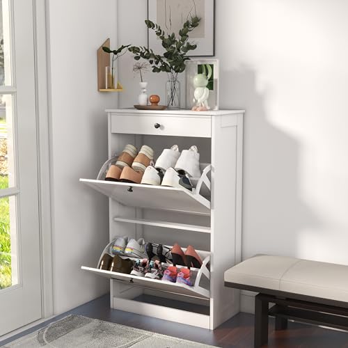 FTZxHKLX Shoe Cabinet with 2 Flip Drawers, Slim Shoe Storage Cabinet, White | Freestanding Hidden Shoe Organizer with Drawer, Pet-Proof Shoe Storage Organizer for Entryway Living Room Behind The Door - color: White, size: Medium