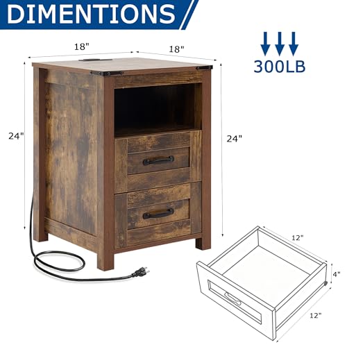 Farmhouse Night Stand, Rustic Brown Nightstand for Bedroom, End Tables with Charging Station, Bedside Table with Drawers, Wood Bedside Cabinet Dresser - color: Brown, size: 1pcs with Charging