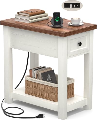 Narrow End Table with Charging Station - Farmhouse Side Table with Drawer, 14" Wide Wood Nightstand Slim Couch Bedside Table for Living Room Bedroom Small Spaces, 2-Tone Antique White & Brown - color: Antique White & Brown, size: 1 Pack