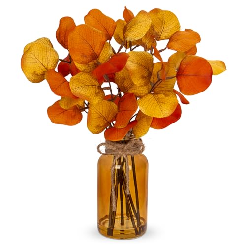 Briful Artificial Eucalyptus Stems in Amber Glass Vase with Faux Water, 14" Fake Fall Plant Autumn Leaves for Home Farmhouse Wedding Centerpiece Bathroom Décor - color: Orange