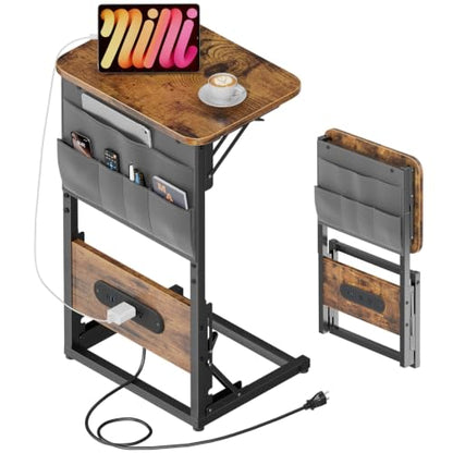 HLDIRECT C Shaped End Table with Charging Station & Storage Bag Brown | 2 USB & 2 Outlets, Storage Bag, FSC Wood, Foldable, 11.8"D x 15.7"W, for Small Spaces, Couch, Bedroom - color: Rustic Brown