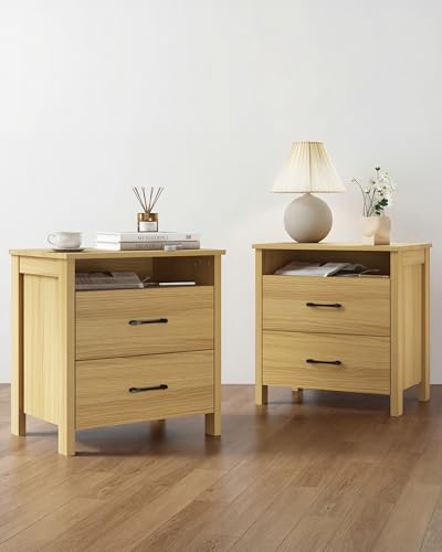 Farmhouse Nightstand Set of 2, Rustic Nightstand with 2 Drawers, Wood End Table with Open Shelf, Side Table for Bedroom, Natural - color: Natural, size: 2 Pieces