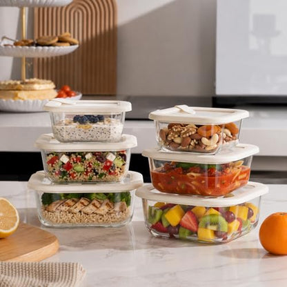 Urban Green Glass Food Storage Containers with Glass Lids, Microwave Safe Food Container Set, Airtight Meal Prep Containers, LeakProof, 100% Plastic Free, 6 Pack - color: ‎Ivory White -6p