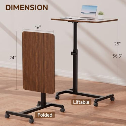GTPLAYER Small Standing Desk, 24 Inches Foldable Mobile Rolling Laptop PC Table with Lockable Casters, Adjustable Height Overbed Bedside Table Computer Workstation for Home Office, Dark Brown-Foldable - color: Dark Brown-foldable