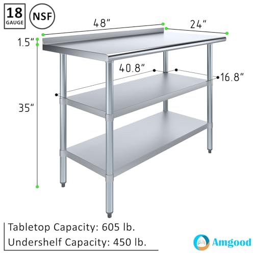 AmGood Stainless Steel Work Table with 1.5" Backsplash and 2 Shelves | NSF (48" Long x 24" Deep) - size: 48" Long x 24" Deep