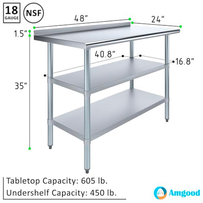AmGood Stainless Steel Work Table with 1.5" Backsplash and 2 Shelves | NSF (48" Long x 24" Deep) - size: 48" Long x 24" Deep