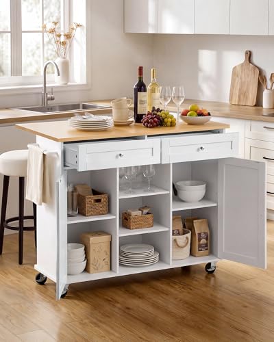 VEVOR Kitchen Island Cart with Storage, 45.67 in Wide Mobile Rolling Storage Island on Swivel Wheels, with 2 Drawers, Storage Cabinet, Drop Leaf, Towel Rack, Table for Home Dining Room, White - size: 45.67"W (dropleaf)