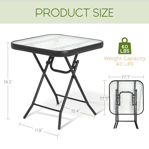 Folding Outdoor Side Table -Patio End Bistro Tables Portable Small 17.5" Square Tempered Glass Top Waterproof Dining Coffee Metal Black - color: Transparent-square