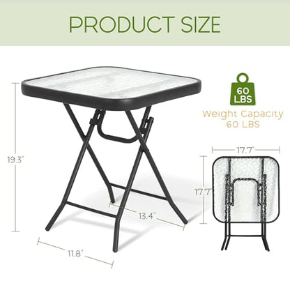 Folding Outdoor Side Table -Patio End Bistro Tables Portable Small 17.5" Square Tempered Glass Top Waterproof Dining Coffee Metal Black - color: Transparent-square