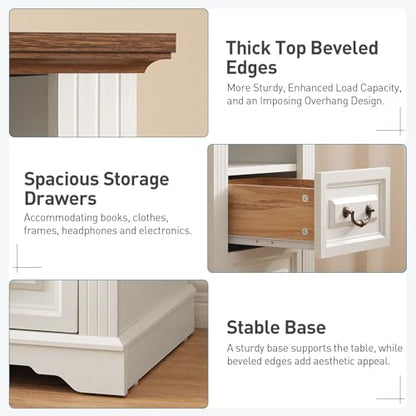 RALGEND Farmhouse Nightstand with Charging Station, Night Stand with 2 Drawers, End Tables Living Room, LED Bed Side Table with Open Shelf, End Table for Bedroom, Living Room, White and Walnut - color: White and Walnut