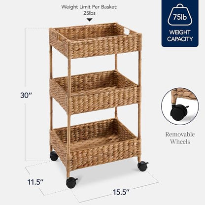 Best Choice Products 3-Tier Water Hyacinth Rolling Nursery Caddy w/Wheels, Utility Cart, Storage Organization for Bathroom, Craft Room, Laundry Room - Chestnut - color: Chestnut