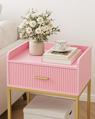 Nightstand, 3-Tier Bed Side Table, Small End Table, Night Stand with Open Shelf and Drawer, Bedside Table for Bedroom, Living Room, Pink - color: Pink, style: Without Charging Station