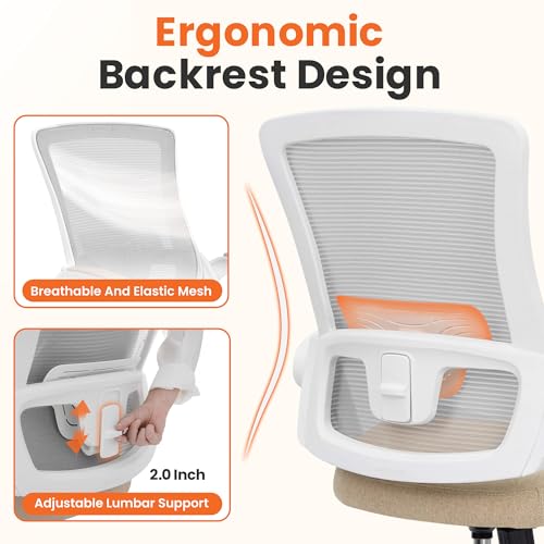 NEO CHAIR Office Desk Gaming Chair Computer High Back Mesh Seat with Rolling Wheels Ergonomic Adjustable Comfy Flip-up Armrests Lumbar Support Height for Home (Beige White Frame) - color: Beige