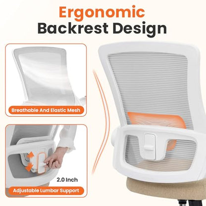 NEO CHAIR Office Desk Gaming Chair Computer High Back Mesh Seat with Rolling Wheels Ergonomic Adjustable Comfy Flip-up Armrests Lumbar Support Height for Home (Beige White Frame) - color: Beige