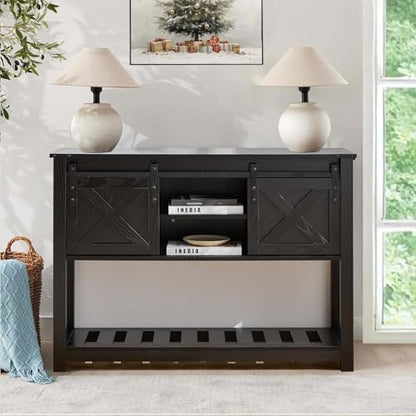 Black Farmhouse Entryway Table, Rustic Hallway Table with Storage Shelf, Sofa Table with Sliding Barn Doors for Hallway, Entryway, Living Room, Foyer - color: Black