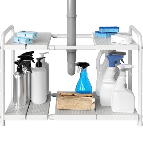 Simple Houseware Under Sink 2-Tier Heavy Duty Expandable Organizer, White | Adjustable Width 15.75–25 Inches with 4 Shelf Height Levels - color: White