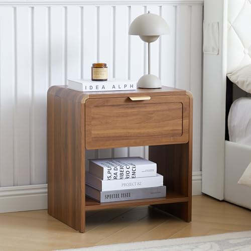 LEVNARY Compact Nightstand with Charging Station, Small Bedside Table with Curved Top Corners and Storage Drawer, Mid-Century Modern Wooden End Table for Farmhouse Bedroom Living Room (1, Walnut) - color: Walnut–solid Drawer Front, size: 1-Pack