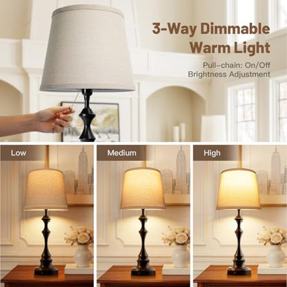 EppieBasic 22" Farmhouse Bedside Table Lamps Set of 2 with 3-Way Dimmable | with USB-C+A Charging Ports, Rustic Pull Chain Switch, Beige Linen Shade, for Bedroom, Living Room, Nightstand - style: XT-01