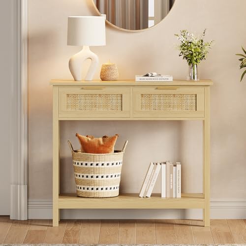 Trironsun Farmhouse Rattan Console Table with 2 Drawers 2 Tier Boho Narrow Long Sofa Table Natural with Open Storage Shelf Wood Entryway Table for Living Room Hallway Foyer (Nature, 39.4 Inch) - color: Nature