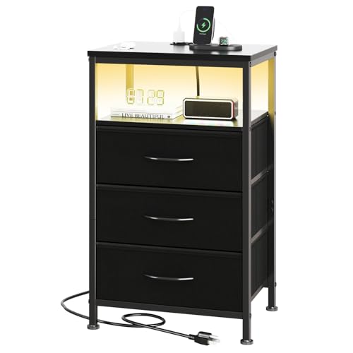OLIXIS Nightstand with Charging Station, 3-Drawer Bedside Table with USB Ports & Type-C, Bedroom Night Stand with Fabric Drawers and Open Shelf, Tall Narrow End Table for Small Bedroom, Black - color: Black, size: 15.7"Dx11.8"Wx27.9"H(3-Drawer)