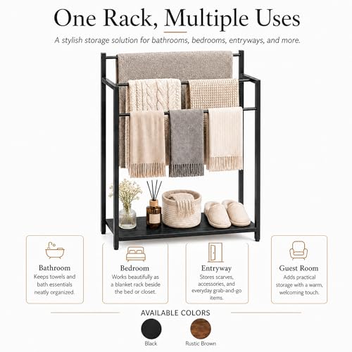 24.8" W Freestanding Towel Rack with Black Wood Shelf | 3 Tier Blanket Ladder Stand for Bathroom Living Room, Metal Frame - color: Black, size: 31.5" H x 24.8" W x7.9 D